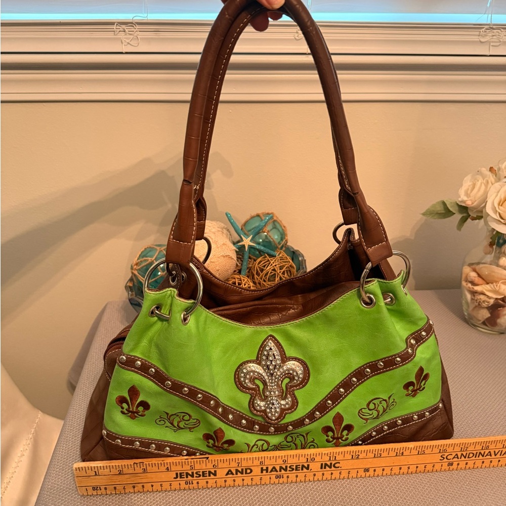 Fleur-De-Lis Brown & Lime Green Women's Handbag - Picture 2 of 12